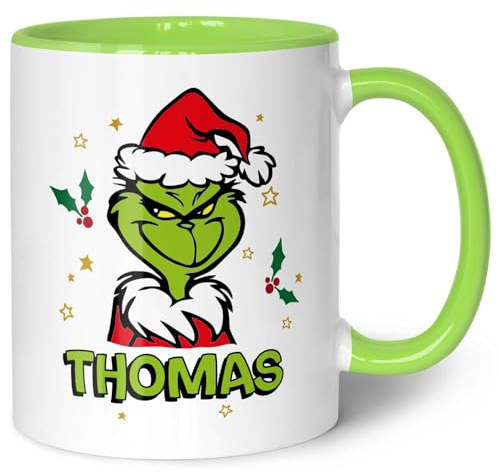 GRAVURZEILE Bedruckte Tasse - Grinch Motiv - Personalisiert mit Namen - Spülmaschinenfest & Mikrowelle geeignet - Weihnachtstasse als Geschenk für Sie & Ihn zu Weihnachten - Farbe: Hellgrün