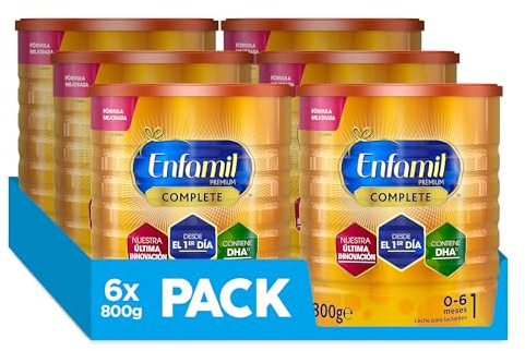 Enfamil Premium Complete 1 - Pack Mensual Fórmula Leche Infantil de Continuacion para Lactantes Bebés de 0 a 6 Meses, 800 gr - Pack de 6 Latas