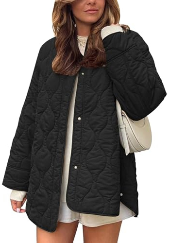 Flygo Women's Oversized Quilted Lightweight Jacket Button Down Puffer Padded Outerwear with Pocket, Black, L
