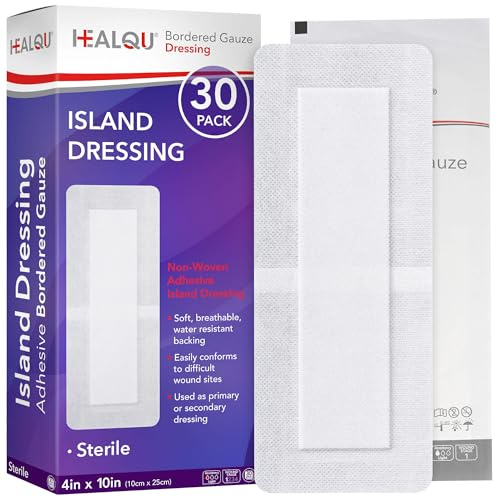 HEALQU Bordered Gauze Island Dressing - Sterile Individually Wrapped Gauze Pads with Water-Resistant, Non-Woven Backing (4x10 - 2x7.5 Pad (30 Pack)