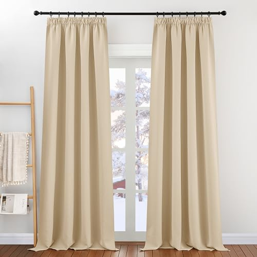 PONY DANCE Blackout Pencil Pleat Curtains, Biscotti Beige, W46 x L90 Inch | Thermal Insulated Curtains with Noise Reducing & Privacy, Luxury Soft Window Treatment for Bedroom & Living Room, 2 Panels