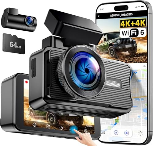 JOMISE 4K+4K Dashcam vorne und hinten, ultraschnelle Ethernet-Datenübertragung (20 Mbps) & stabiles WiFi 6, Touchscreen camera auto mit GPS, Nachtsicht, 24h Parküberwachung, Speicher bis 1TB (A80 Pro)