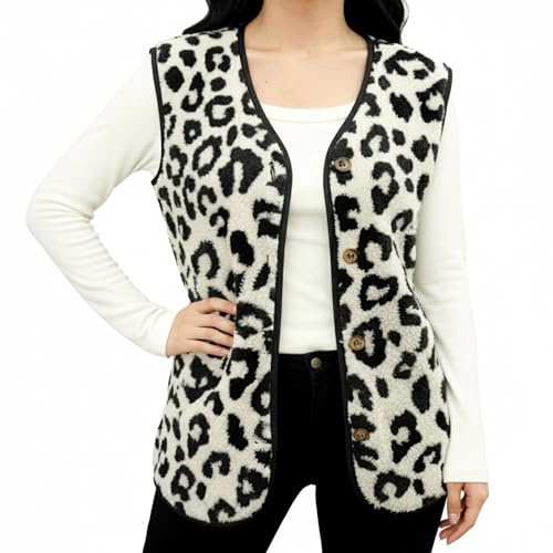 Beifon Veste en polaire Teddy pour femmes, automne hiver, chaude, sans manches, veste en fausse fourrure unie, col en V, boutonnée, veste en polaire en fausse fourrure, veste courte en peluche, veste