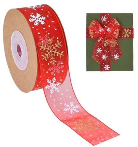 YUVKIN 1 Rotolo Nastro Decorativo Fiocchi di Neve per Regali e Decorazioni Natalizie (2,5 cm, 10 Yards) (Rosso)