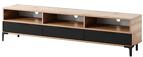Selsey RIKKE - TV-Lowboard/TV-Tisch mit 3 offenen und 3 geschlossenen Fächern, 160 cm breit (Wotan Eiche Matt/Schwarz Hochglanz ohne LED)