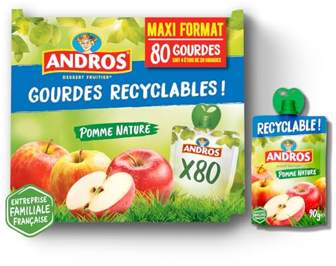 ANDROS Compote de Fruit Gourde Recyclable, Pomme, Idéal pour le Goûter des Enfants - Lot de 80