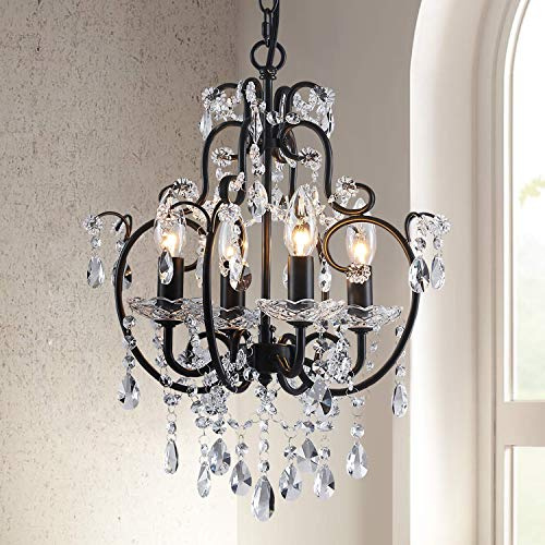 Saint Mossi 4-Lights Crystal Chandelier with K9 Crystals, Black Farmhouse Style Pendant Light Fixture, H17 x D12, Chain Adjustable