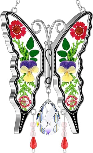 KY&BOSAM Butterfly Glass Crystal Pressed Flower Suncatchers Window Hanging