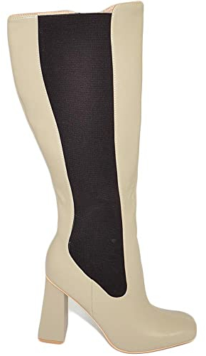 Stivale Alto Donna Punta Quadrata Khaki Liscio Gambale Aderente con Elastico al Ginocchio Tacco Largo 10 cm Moda con Zip (38 EU)
