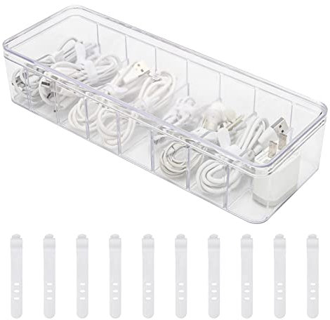 Kabelorganiserare förvaringsbox plast kabelsladd hanteringsbox strömsladd organiseringsfodral med 10 st gummiband för kontor, hem, skrivbordstillbehör förvaring kontorsmaterial