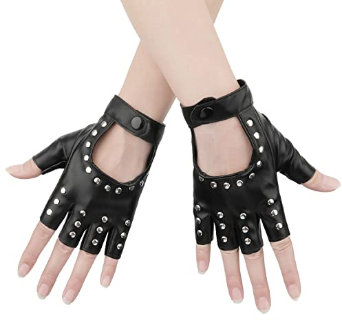 KINBOM 1 Pair Half Finger Leather Gloves, Stylish Fingerless Leather Gloves Biker Punk Gloves for Halloween Women Girls Cosplay Performance (Black)