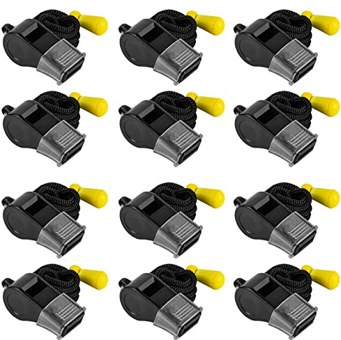 MISUYACO 12 Pack Sport Whistles with Lanyar for Coaches, Referees and Officials, Loud Crisp Sound (12 Pcs(Black))