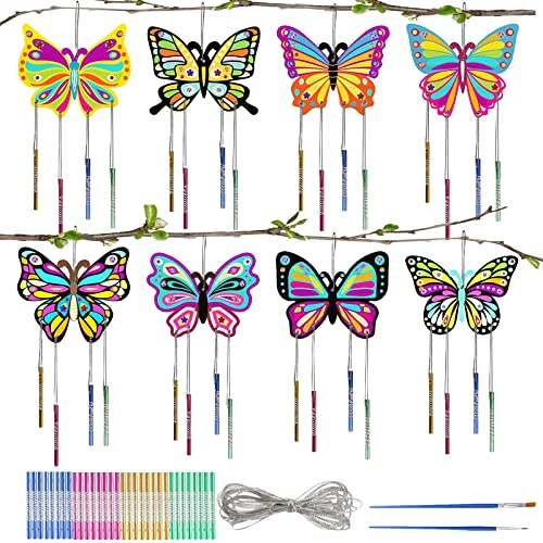8 carillons éoliens en bois pour enfants, papillons, pour anniversaire d'enfant, travaux manuels, loisirs créatifs, décoration papillon, disques en bois avec 2 pinceaux pour décoration printanière