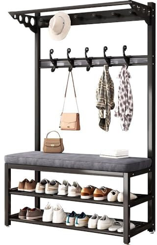 angelfanmily Garderobenständer Metall mit Sitzbank, Freistehende Kleiderständer mit Schuhregal 2 Ablagen, 6 Haken und Sitzbank, Mehrzweck Offener Kleiderstange Holz, Maximale Belastung 100 kg