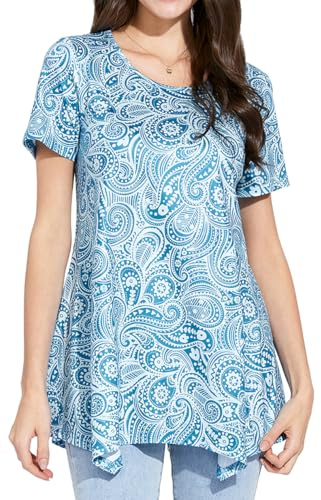 Enmain Womens Tunic Tops Short Sleeve Ladies Tunics Blue Paisley Summer Tunic Top for Leggings Loose Casual Longline T-Shirt Blouses Round Neck 2XL