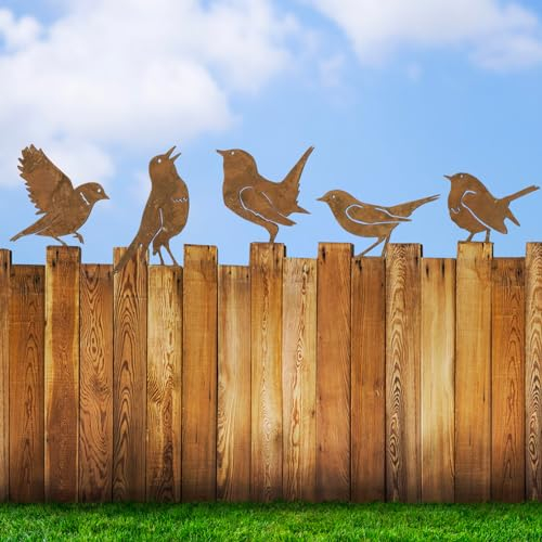 BOFUNX 5pcs Decoración de Jardín en Forma de Pájaros de Metal Hierro Oxidado Figuras Aves Oxidadas Vintages Tapón de Jardín con Tornillos para Vallas de Jardín Estacas Césped Árbol Exterior