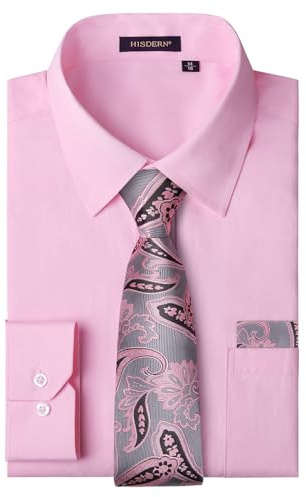 HISDERN Camisa Rosa Hombre Manga Larga Formal Boda Camisas y Corbata Elegante con Botones XL