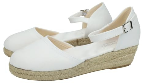 CONDIZ 261 Esparteñas Blancas de comunion para niñas, con un Poco de cuña y Hebilla, Puntera Cerrada, Sencillas sin Adornos NIÑA Zapato COMUNIÓN