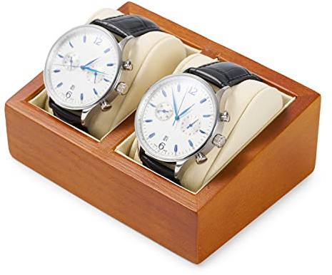 Papten Wooden Double Watch Stand Watch Display Holder Stand for Birthday Father's Day Christmas (Double Beige)