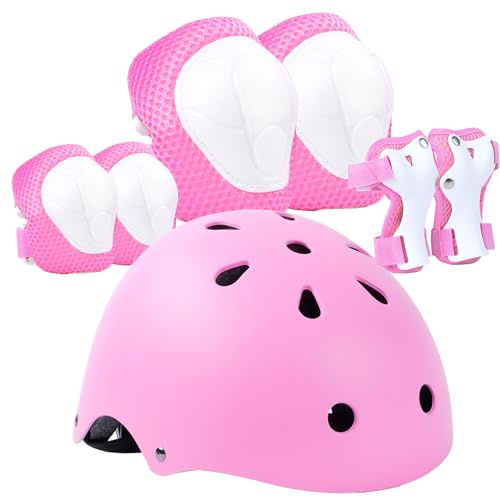 LANOVAGEAR Casque pour Enfants avec genouillères, Coudières et Protège-Poignets, Sets de Protection Rollers avec Casque Vélo Enfant Réglable pour Skateboard Cyclisme Garcon Fille (Rose, S)