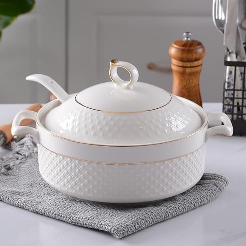 Bone China Soup Tureen with Design - Double Handle Serving Bowl with Lid and Spoon | Elegant Tableware Set for Special Occasions