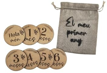 Tarjetas cumple mes BEBÉ, 7 piezas y saco - Recuerda cada mes de su primer año. Piezas de madera. Español o Català - Regalo perpercto recién nacido - Accesorios y atrezzo para fotos (Català)