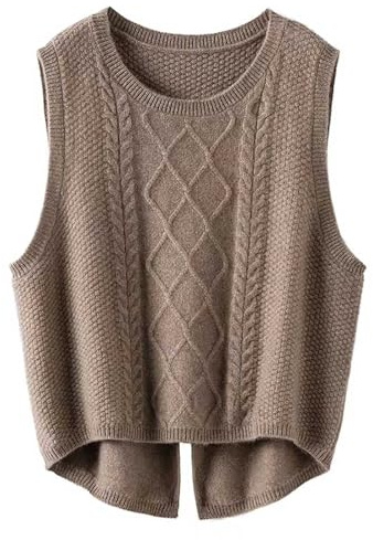 DUHENWU Knitted Vest Women Short Split Knit Sweater Vest Sleeveless Jumpers Casual Solid Color Ladies Knitted Waistcoat Crew Neck Top Soft Stretch Pullover Sweater Tank Top Coffee