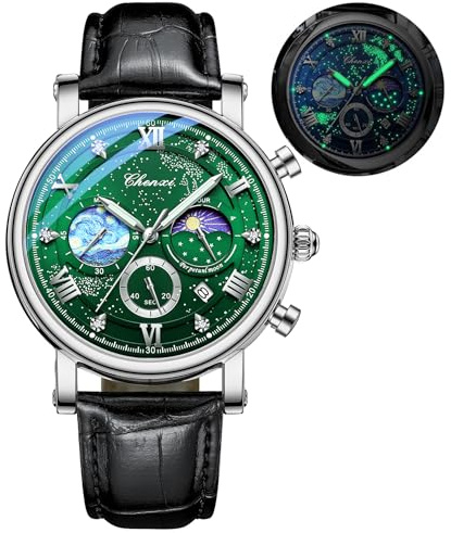 FANMIS Men's Classic Multifunctional Military Sports Analog Watch Business Dress Waterproof Luminous Chronograph Starry Sky Moon Phase Leather Wristwatch, Z Silver Green, Fashion watch