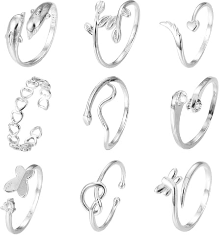 Kotkiddy Ensemble de 9 Bagues d'orteil en Argent pour Femmes, Anneau Ouvert Ajustable Non Altérant, Bijoux de Pied de Plage pour l'Été