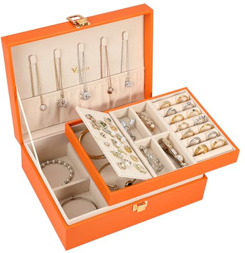 Voova 2-Layer Jewelry Box Organizer, Jewellery Storage Case Orange | PU Leather Jewlerrying Display Holder for Women Girls with Removable Tray Ring Earring Bracelet Necklace Holder
