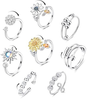 KRFY Ångestring silver fidgetring för ångest kvinnor justerbar öppen spinner ringar solros månsten spinner fidgetringar för kvinnor dotter justerbar ring festgåvor