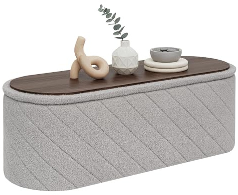 PINPLUS Banco de Almacenamiento Plegable Ovalado, Taburete Otomano Bouclé, Pie de Cama y Reposapiés para Salón, Dormitorio o Entrada, 110x38x38 cm, Gris
