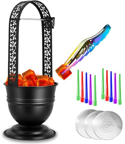 Portable Hookah Charcoal Basket with Coal Tongs - Metal Storage Container & Holder for Shisha Accessories (Black 16.1)
