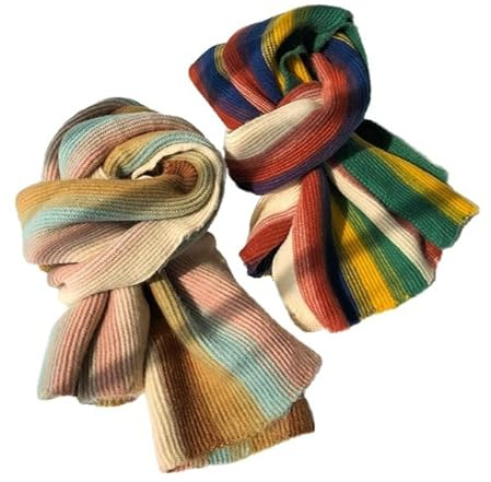 Kashmirscarf， 180 * 25CM 1/2ST Marinblå Regnbågsrandiga Ullhalsdukar Söt Vinterhalsduk(2pcs/Set)