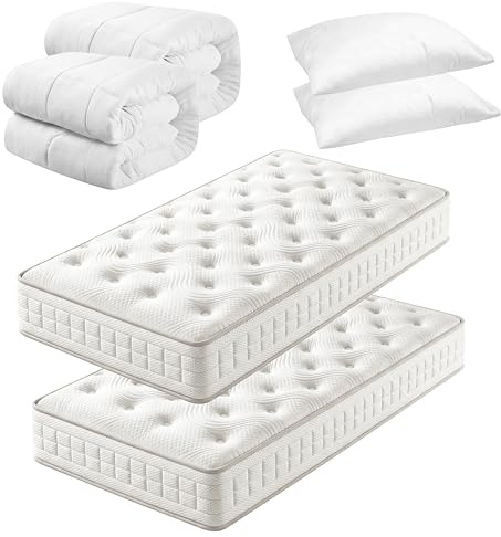 Confortil Materasso Singolo 80x190 | Kit Completo 2 Set: 2 Materassi 16cm + 2 Cuscini 40x70 + 2 Piumoni 140x200(2, Set 3 pezzi 80x190x16cm)