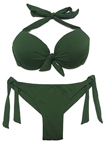 EONAR Damen Bademode Nackenträger Push up Bikinioberteil mit Underwire Niedriger Bund Bikinihosen Seitlich zu binden Brazil Bikinislip Bikini Sets(L,Army Green)