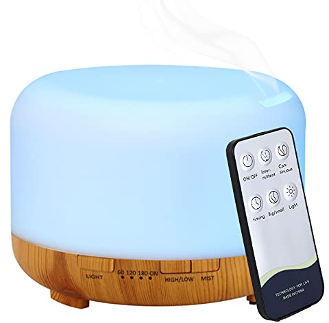 Hantoc Diffusore di Oli Essenziali 450ml, Umidificatore Ultrasuoni Diffusore di Aroma Diffusori Oli Profumati Nebulizzatore Silenzioso Automatico 7 Colori LED per Yoga Spa