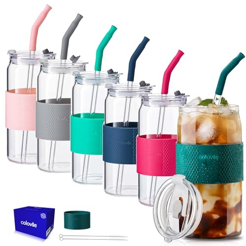 ColoVie 20oz Mixed Drinking Glasses with 6 Colors, Thicken Reusable Glass Tumblers with Lids and Straws, Removable Silicone Sleeve for Hot or Iced Drinking, Unique Colorful Glass Cups
