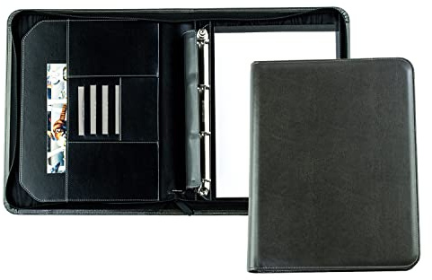DELMON VARONE - Raccoglitore ad anelli, formato DIN A4, con chiusura lampo, incluso blocco per scrivere in ecopelle vegana, colore grigio, cartella portadocumenti realizzata a mano, raccoglitore ad