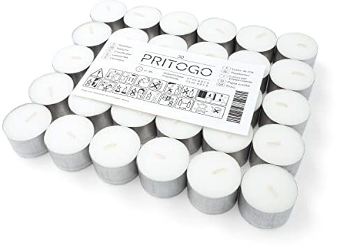 Pritogo Teelichter, Weiss in Aluhülle Ø 3,8 * 2,5 cm, Rußfrei, Brenndauer: 8 Stunden (30 Stück)