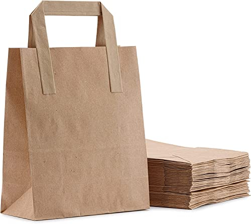 ezkart Pack of 50 - Small SOS Brown Paper with Handles Ideal Bags for Party, Weddings, Lunch, Christmas, Sweet, Takeaway & Grocery, Kraft Paper Bags, Food Gift Size (50, Small-18x22x9cm)