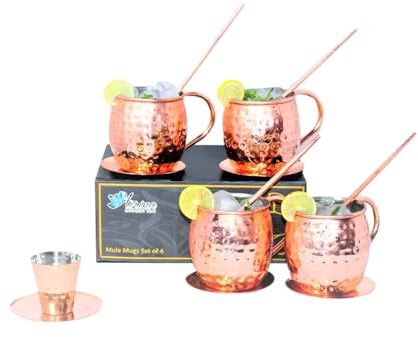Airina Homestyle Moscow Mule Becher 4er set, Gehämmerte 4 Kupferbecher mit 4 Strohhalme und 4 Untersetzern