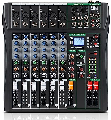 XTUGA 6 Channel Audio Mixer for Computer Recording Sound Control, Sound Board Built-in Digital Effect with 48V Phantom Power, CT60