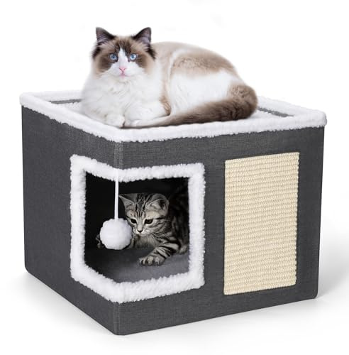 petizer Cat Bed for Indoor Cats, Large Covered Cat House with Scratch Pad, Foldable Cat Cave Bed & Hideaway Cube with Reversible Cushions, Cute Cat Condo for Multi Small Pet Kitten (Dark Grey)