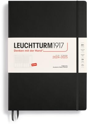 LEUCHTTURM1917 370814 Agenda académica semanal 2025, Master A4+, tapa dura, calendario de 18 meses, a rayas, negro, inglés