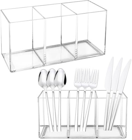 Rainmae 2Pack Acrylic Cutlery Storage Organizer, Plastic Cutlery Utensil Holder Storage Organizer Caddy for Kitchen Countertop Organization - Holds Fork, Knife, Spoon, Silverware Tableware Storage Box