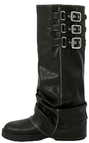 MAVMAX Women Fold Over Knee High Boots Casual Round Toe Coverd Slouched Leather Pull On Wide Calf Chunky Low Heel Platform Boots, Black Short, 7 UK