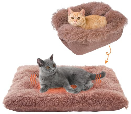 SCENEREAL Self Warming Cat Bed, Heated Cat Bed Mat for Cats Small Dogs, 2 in 1 Soft Plush, Washable Pet Pad for Indoor Outdoor Kitten Puppy, Brown 28 x 24