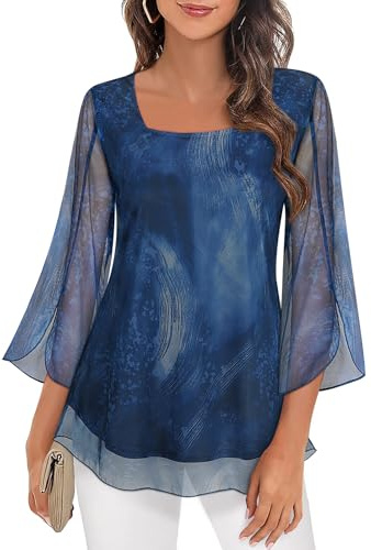 Syphiby Camicetta, maniche a 3/4 con balze, taglio a tunica fluido, scollo quadrato in chiffon, doppio spessore, taglie da M a 3XL, XL