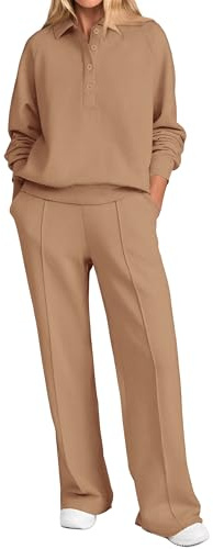 PRETTYGARDEN Women Fall 2 Piece Outfits Sweatsuits Quarter Button Long Sleeve Sweatshirt Wide Leg Pants Tracksuit Lounge Sets(Camel,Medium)